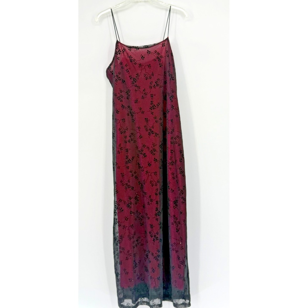 DBY Ltd Y2K Hot Pink Glitter Mesh Maxi Slip Dress Black Flocked Floral Goth Prom